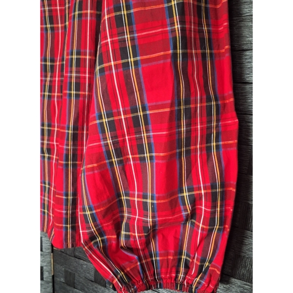 J. Crew | Women's Red Tartan Plaid Ruffle Neck Blouson Sleeve Top - Picture 12 of 16